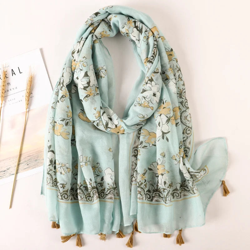 Women Fashion Large Cotton Flower Designs Tassel Prints Scarves Wrap Shawl Scarf