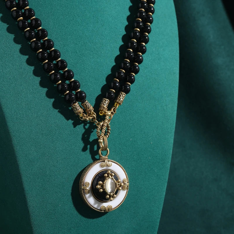 Vintage Black Natural Stone Bead Double Layered Chain Round White Pendant Antique Necklace