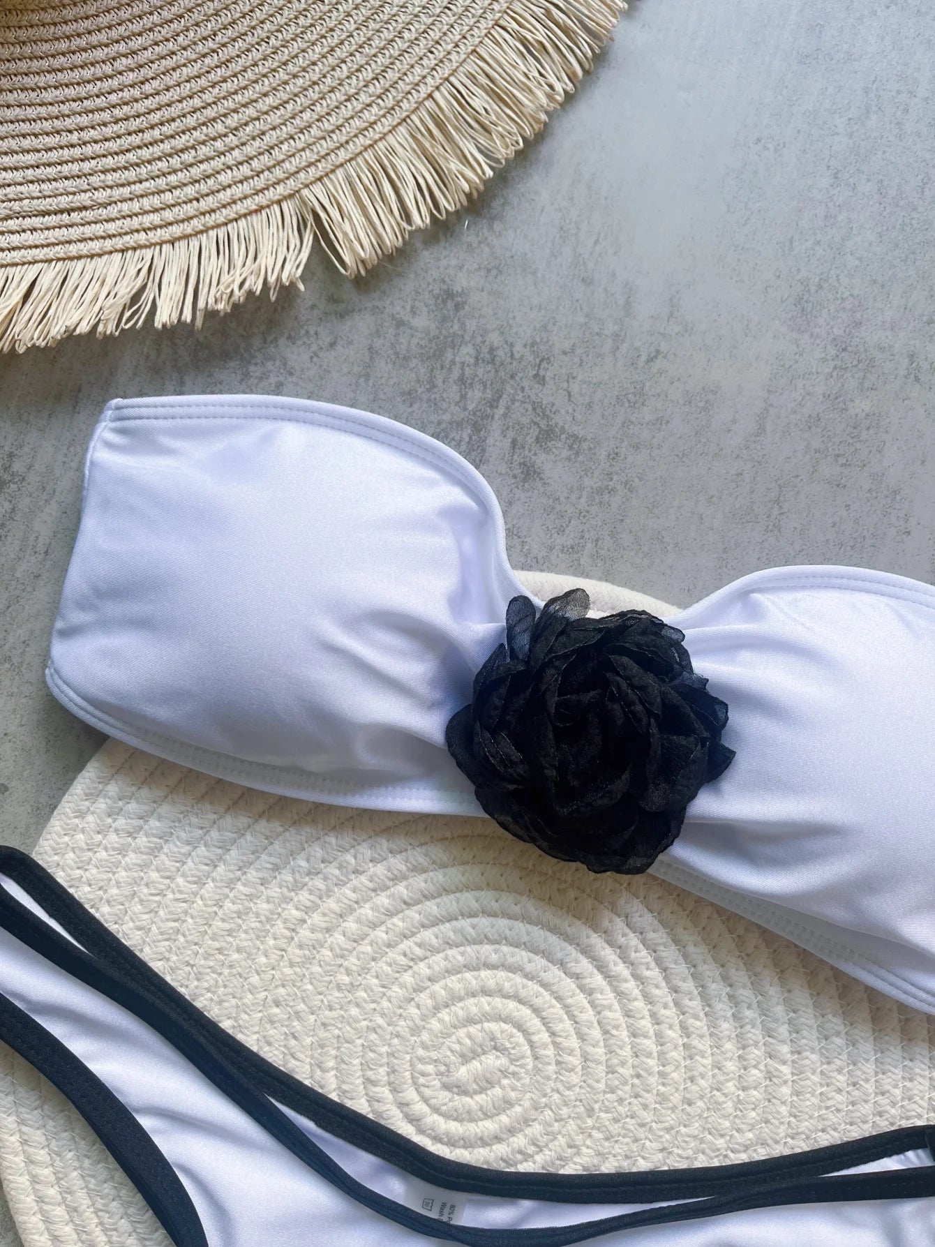 Women Solid Color 3D Flower Split Flat Strap Swimwear Beach Bikini Bathing Suits