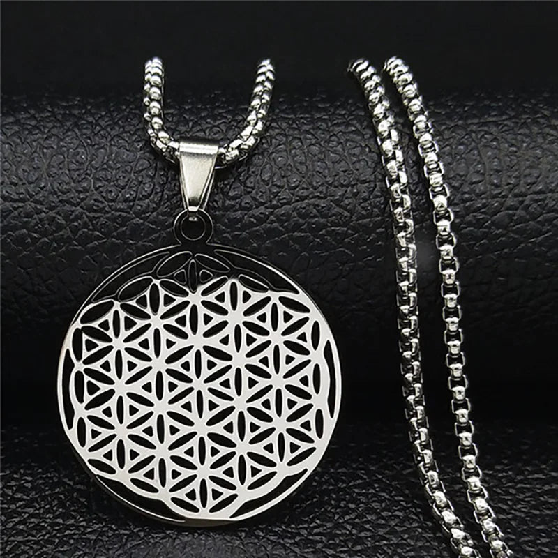 Women Men Flower of Life Stainless Steel Gold Color Mandala Long Necklace