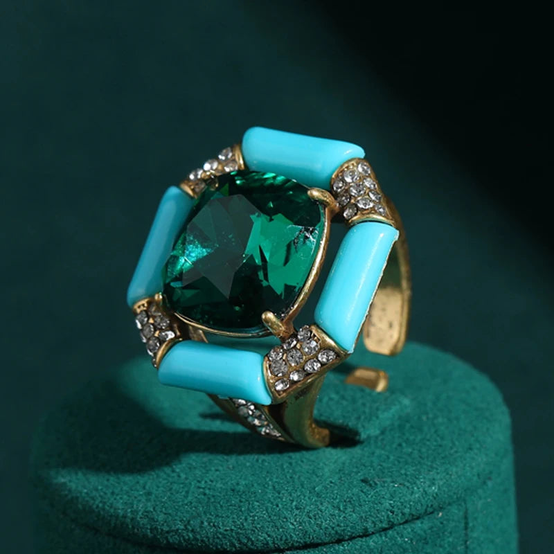 Antique Emerald Green Crystal 18K Gold-Plated Sea Blue Enamel Square Natural Stone Ring