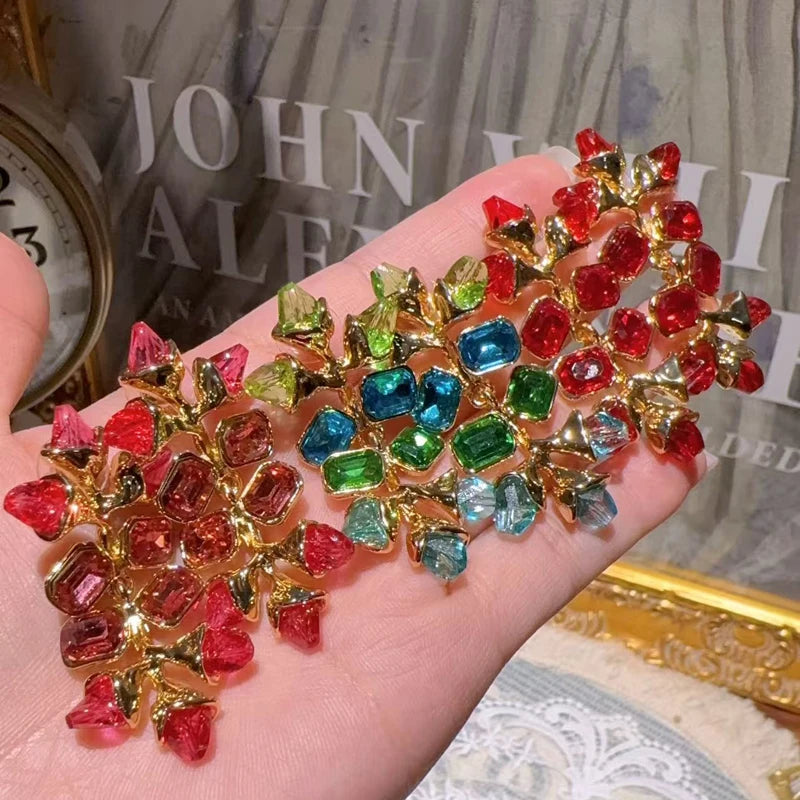 Vintage Large Red Crystal Square Leaf Bohemian Luxury Designer Women's Earrings