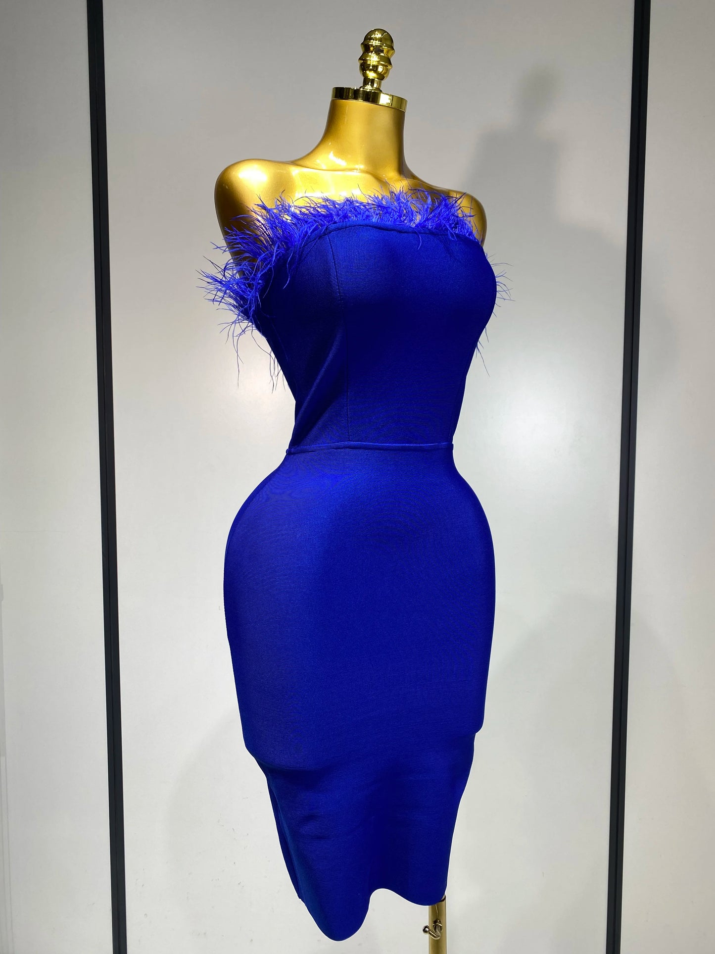Sexy Backless Yellow Bandage Strapless Celebrity Elegant Feather Birthday Club Party Dress