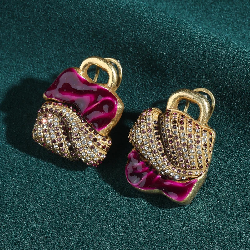 Women Purple Handbag w/ Asymmetrical Rhinestones Inlay Gold Color Earrings