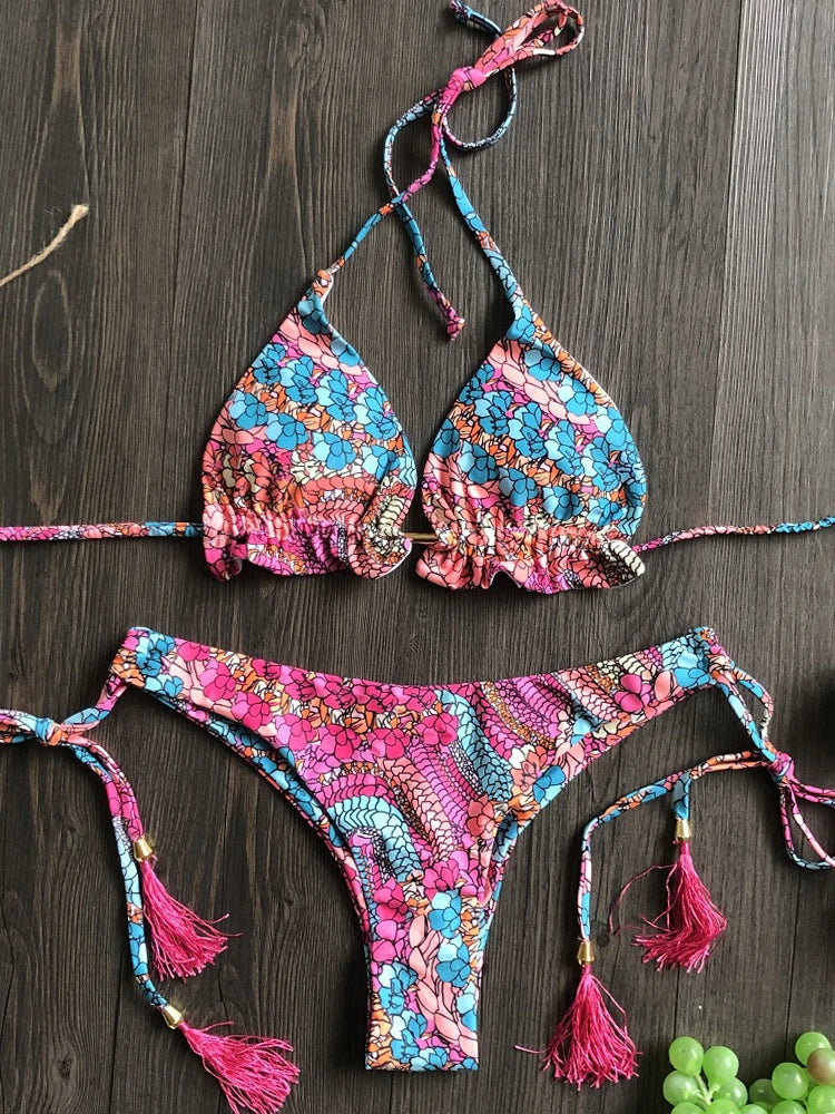 Sexy Floral Print Swimwear String Push Up Swimsuit Beach Bikini Suit