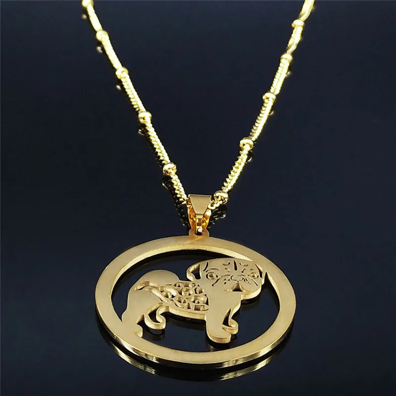 Pug Dog Stainless Steel Crystal Necklace Pendant Gold Color Chain Necklace