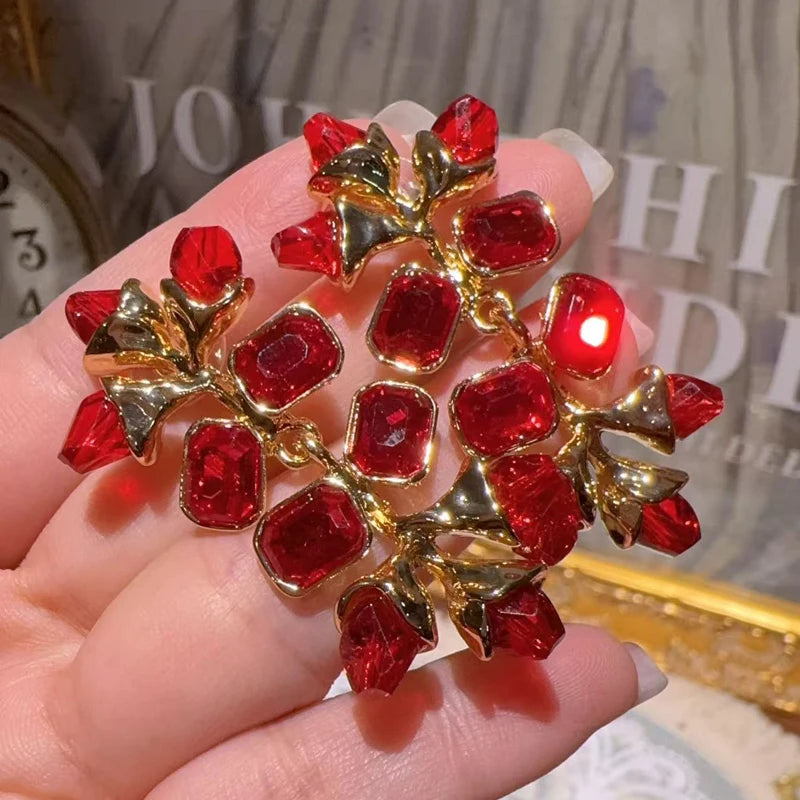 Vintage Large Red Crystal Square Leaf Bohemian Luxury Designer Women's Earrings