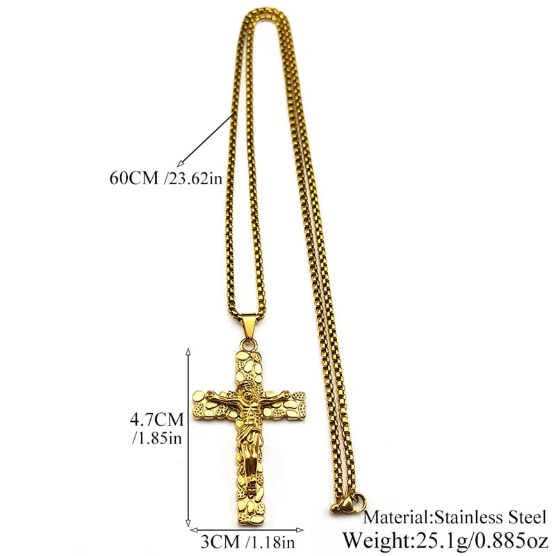 Men Women Gold Color Chain Amulet Stainless Steel Christian Jesus Crucifix Cross Pendants Necklace