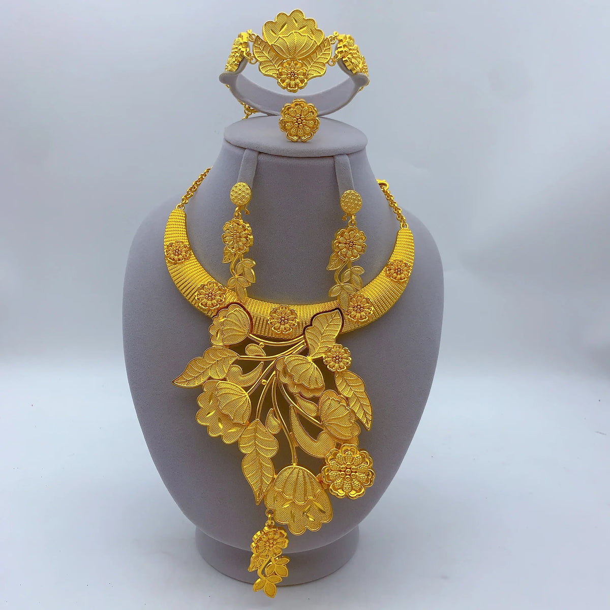 African Dubai Big 24K Gold Plated Women Wedding Indian Brazilian Pendant Necklace Earrings