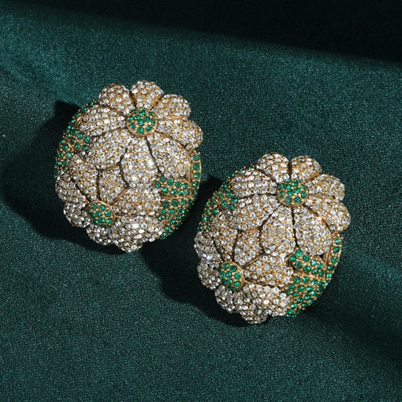 Vintage Rhinestones Sunflower Flower Petals Green Oval Antique Stud Earrings