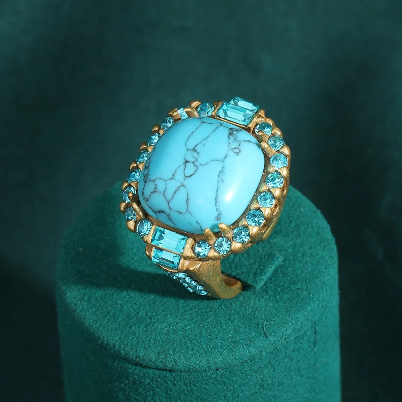 Vintage Art Deco Turquoise 18K Gold-Plated Prong-Set Stone Designer Ring