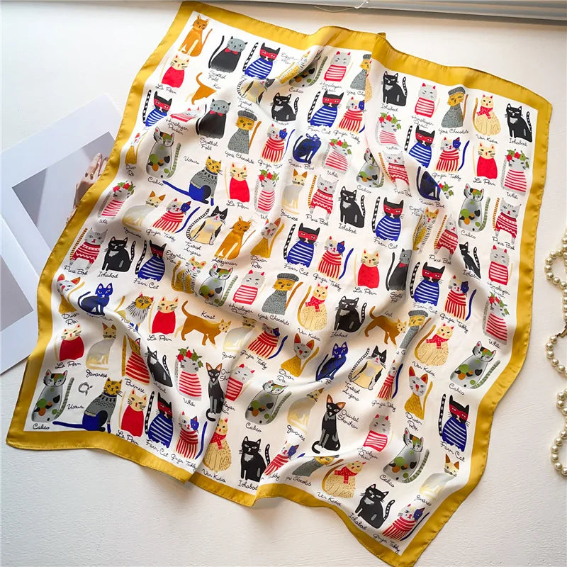Women Fashion Silk Satin Cats Pets Printed Wrap Scarf Bandana Scarves