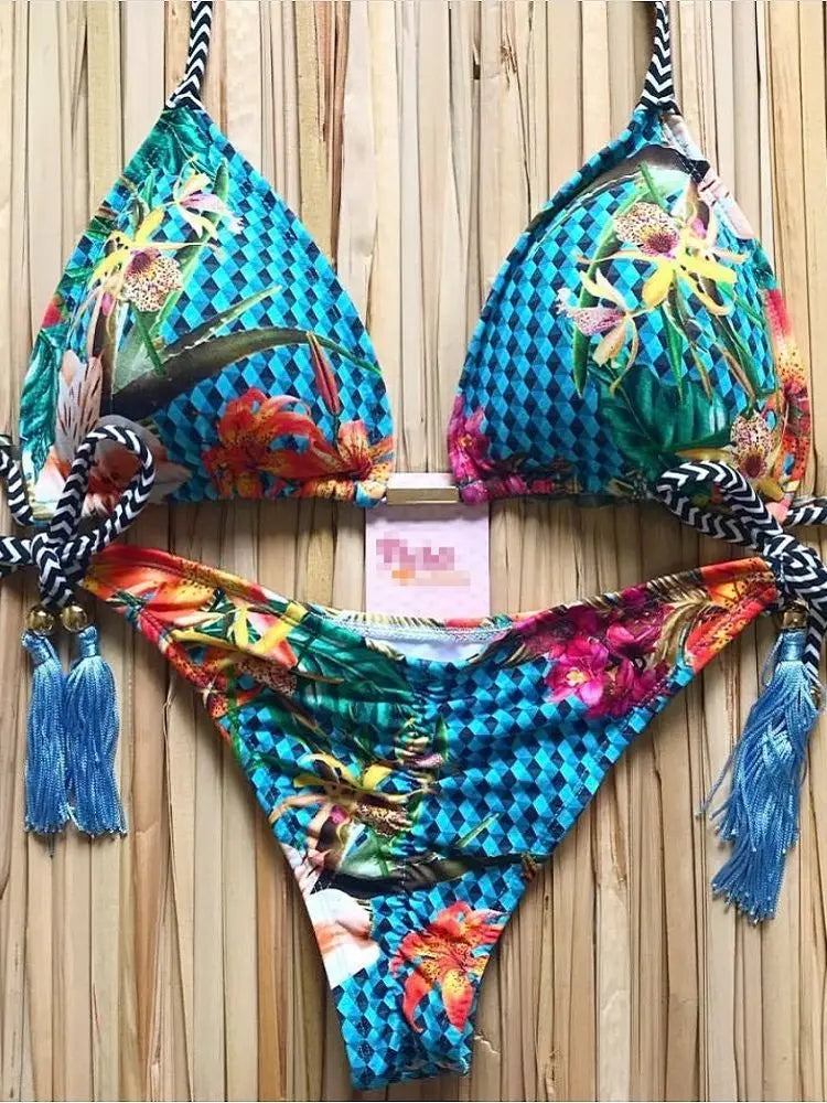 Sexy Micro Feather Print Bandage Swimwear Bathing Brazilian Bikini Suit
