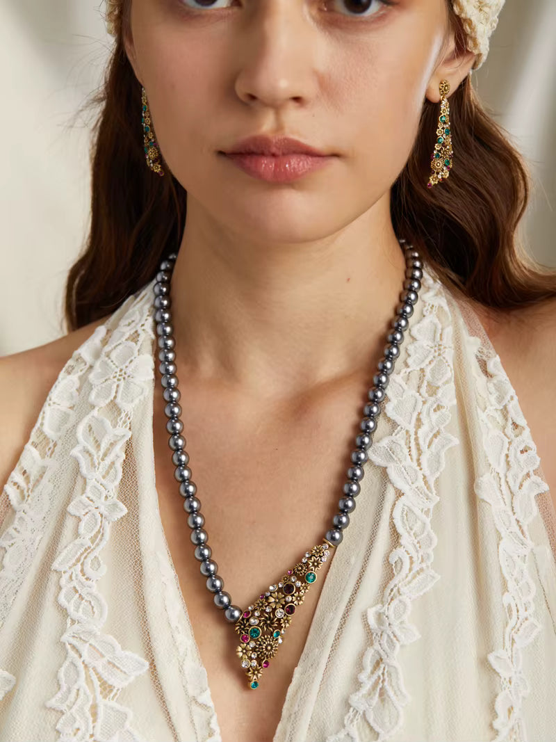 Gray Pearl Colorful Flower Gold Color Pendant Designer Wedding Bridal Necklace Jewelry