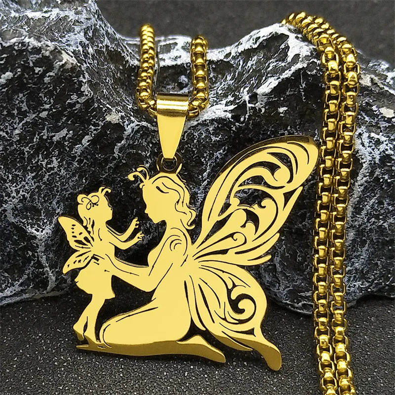 Butterfly Fairy Mom Daughter Men Stainless Steel Gold Color Love Chain Necklace Pendant