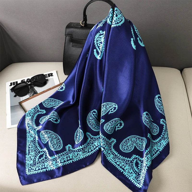 90cm Women Vintage Paisley Square Silk Shawls Printed Wraps Bandana Scarves