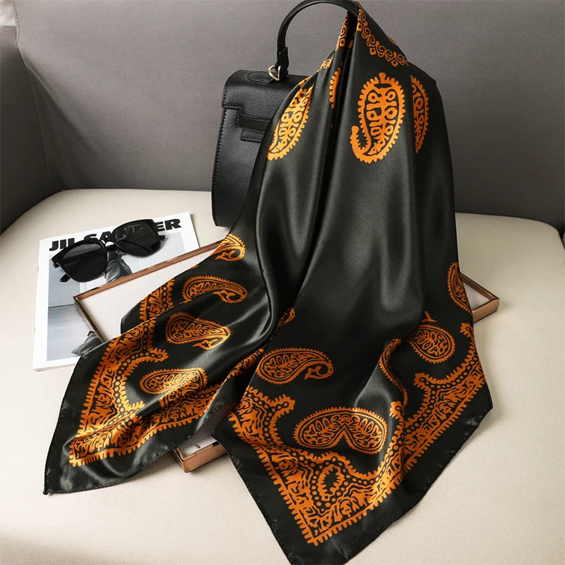90cm Women Vintage Paisley Square Silk Shawls Printed Wraps Bandana Scarves