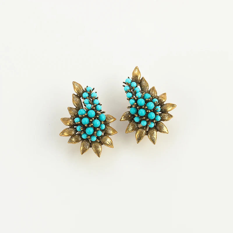 Women Vintage Beaded Sea Blue Natural Stones Tree Leaf Antique Bohemia Stud Earrings