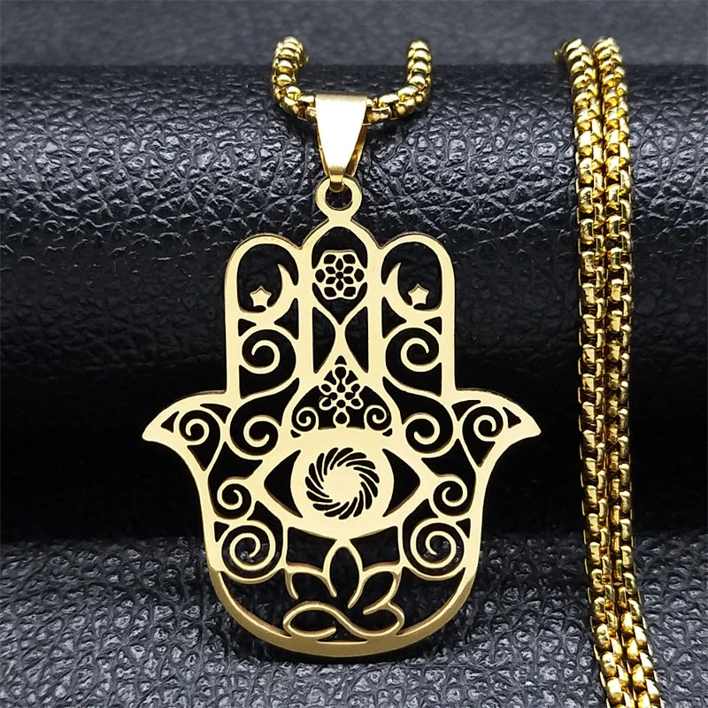 Hollow Fatima Hamsa Stainless Steel Gold Color Luck Hand Palm Blue Turkey Eye Pendants Necklace