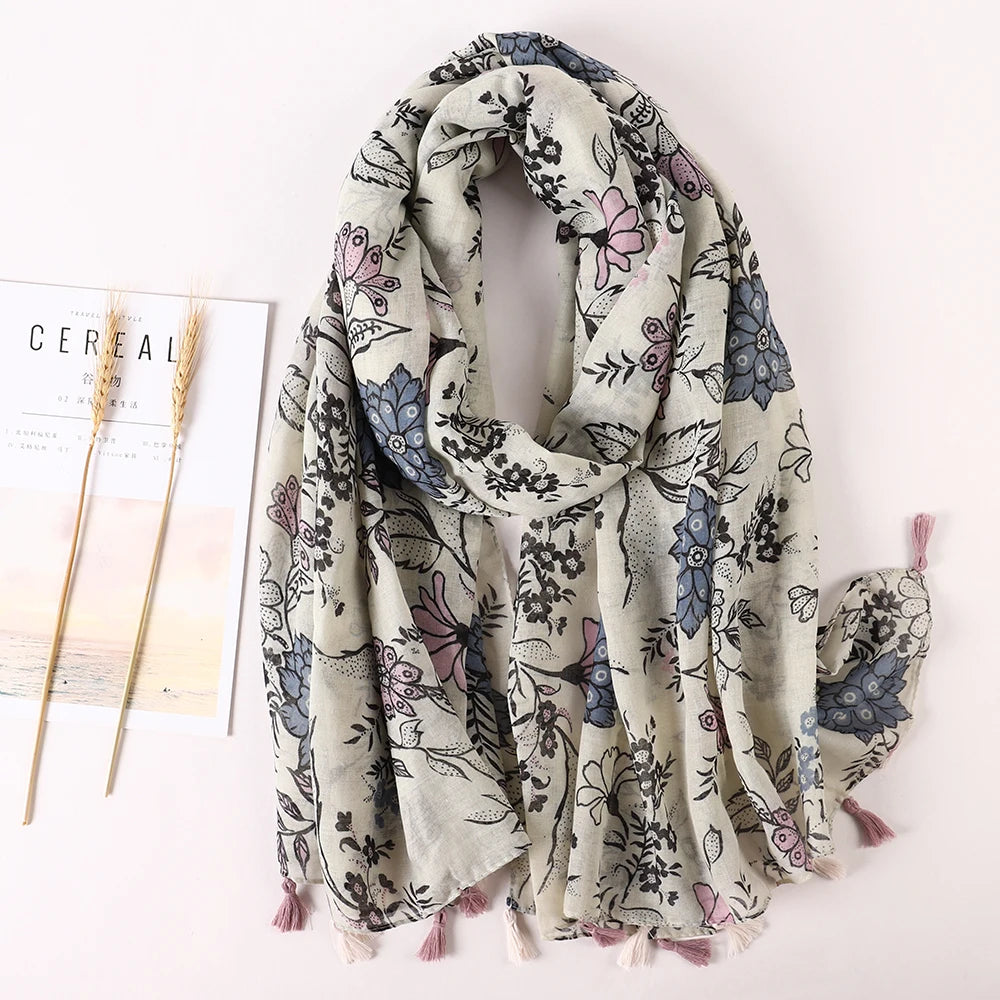 Women Fashion Large Cotton Flower Designs Tassel Prints Scarves Wrap Shawl Scarf