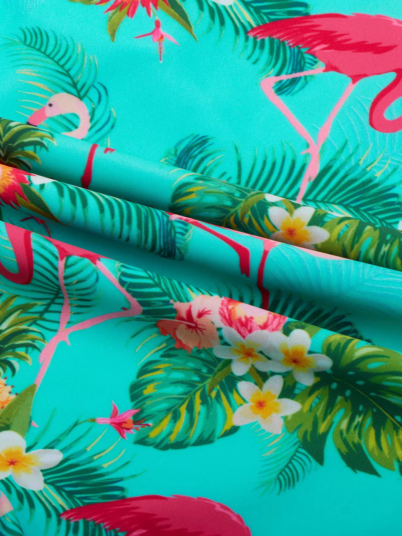 One-Piece Kids Girls Cyan Color Long-Sleeved Flamingo Print Suit Boyleg Shorts Swimwear