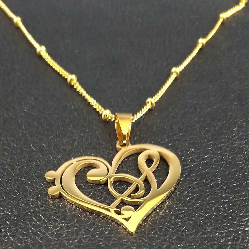 Aesthetic Heart Musical Note Stainless Steel Gold Color Chain Necklace