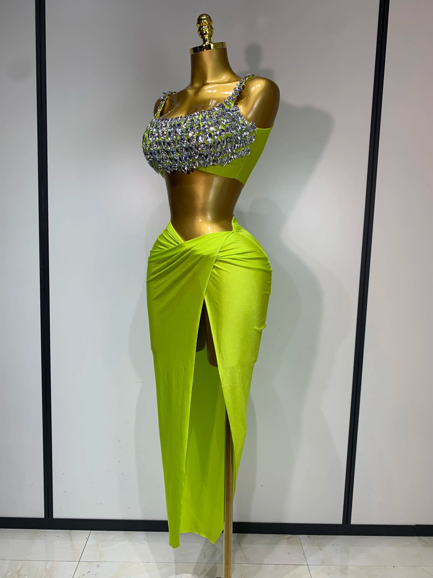 Women Sparkly Rhinestone Crop Tops Long Skirt Two Pieces Birthday Party Dinner Dress