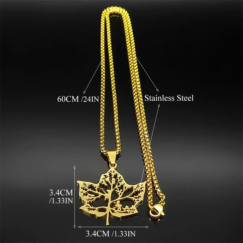 Tree Of Life Amulet Love Hollow Leaf Stainless Steel Gold Silver Color Chain Necklace Pendant