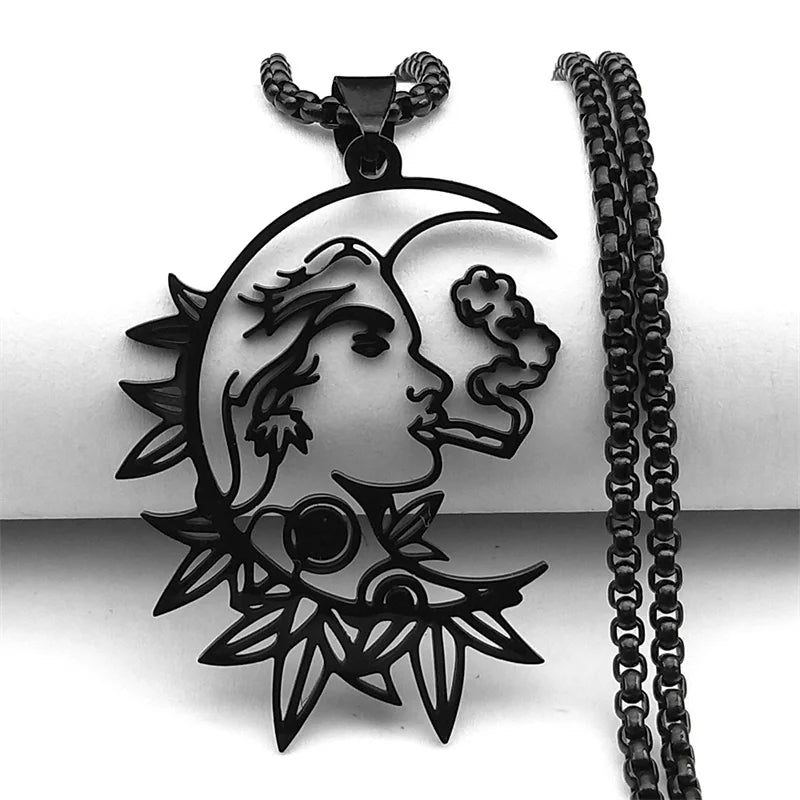 Witchcraft Crescent Smoking Stainless Steel Black Color Gothic Charm Chain Pendant Necklace