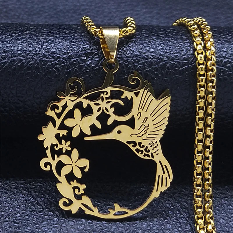 Bird Hummingbird Flower Necklace for Women Men Stainless Steel Gold Color Animal Pendant Necklaces Jewelry collar colibri N4626S