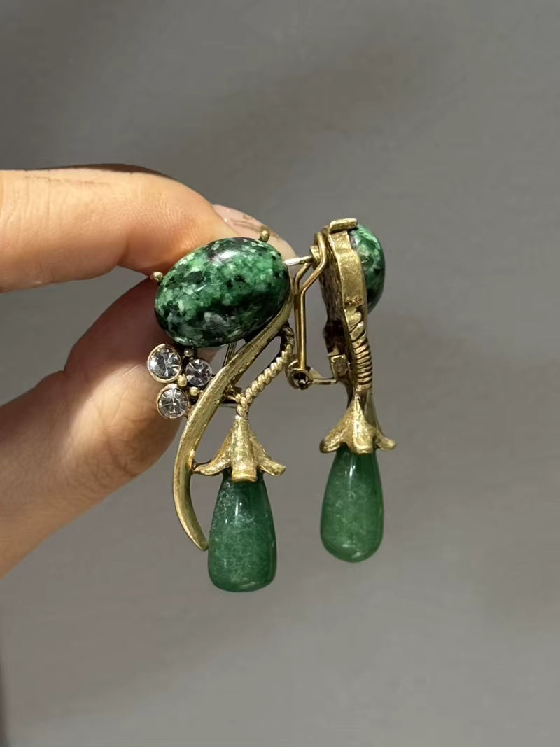 Antique Moss Green Natural Stone Flower Rhinestones Vintage Long Water Drop Earrings