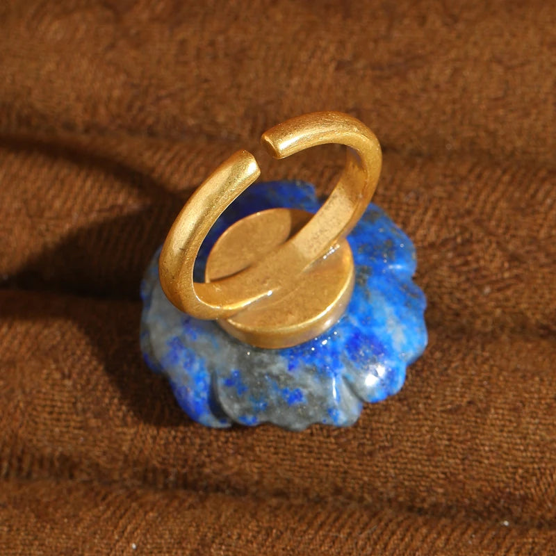 18k gold Vintage Large Rose Flower Natural Stone Engrave Blue Enchantress Luxury Wedding Ring