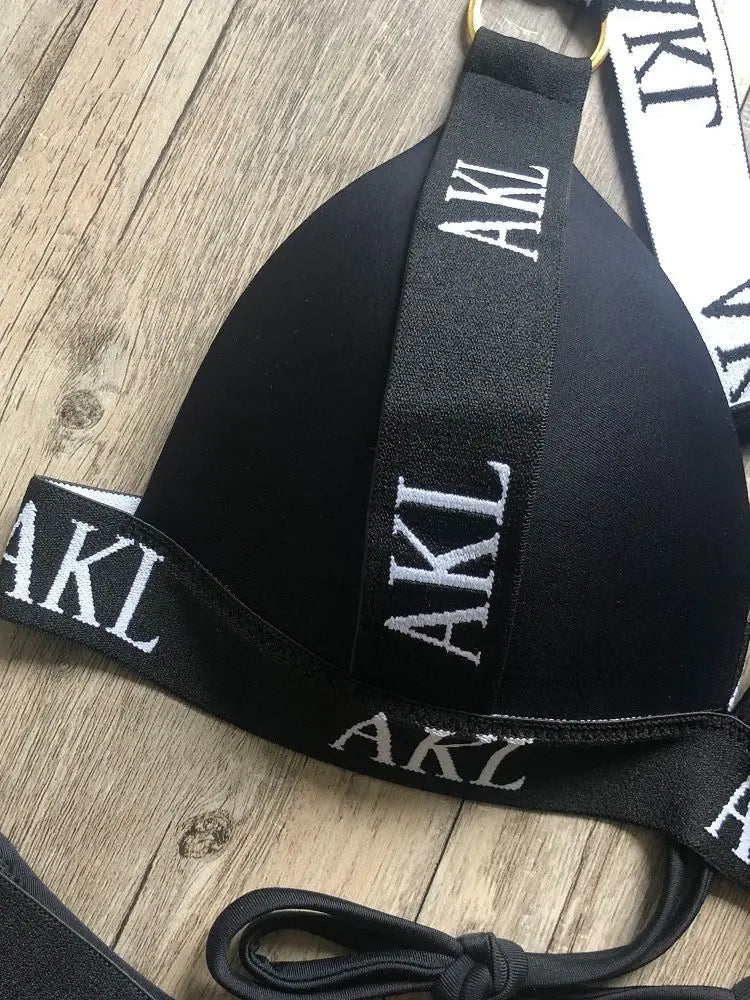 Sexy Letter prints Push up Bandage Black Swimwear Swimming bathing suit
