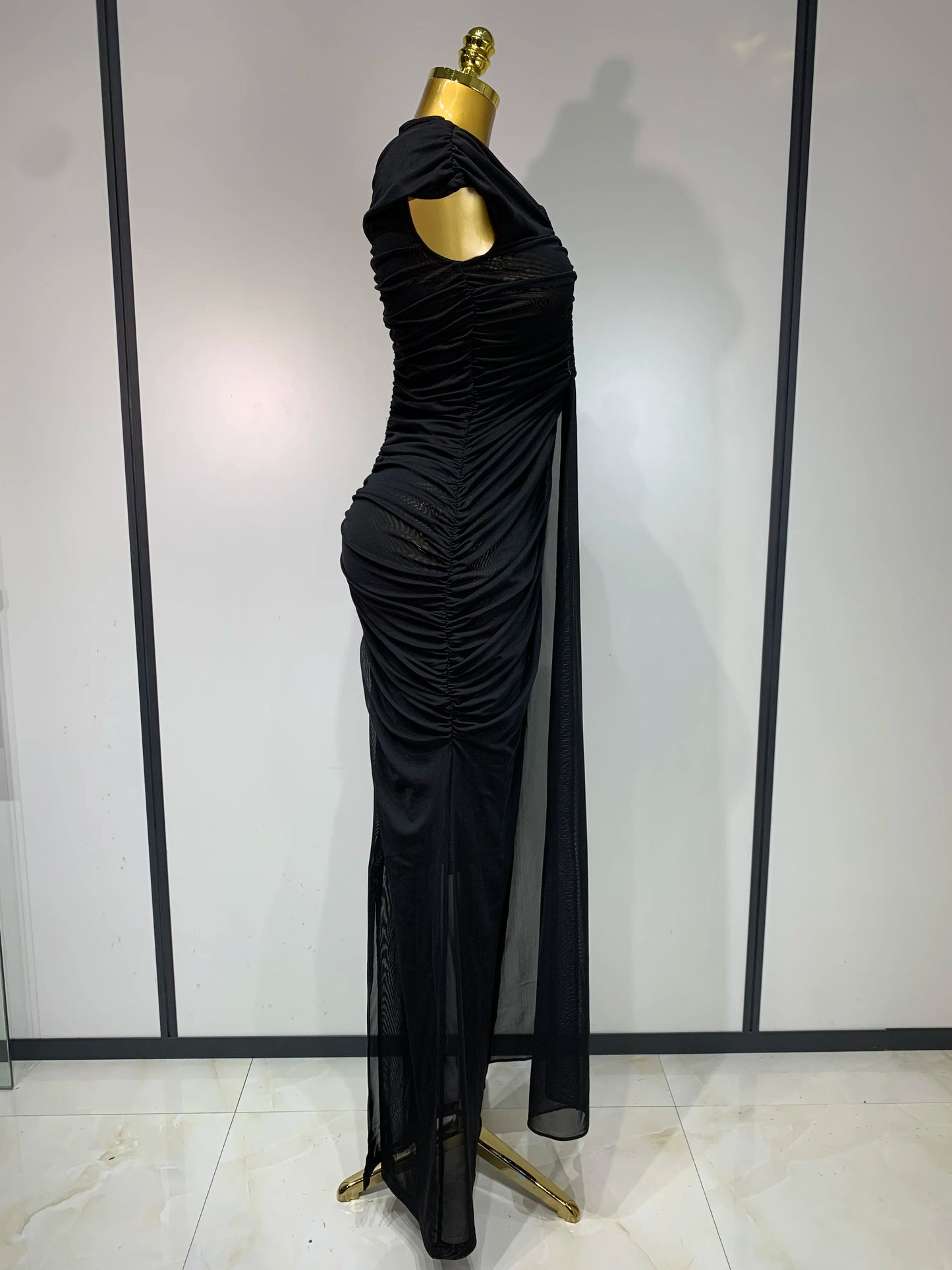Sexy Sleeveless O-Neck Cut Out Bodycon Mesh Long Dress Celebrity Evening Party Club Dress