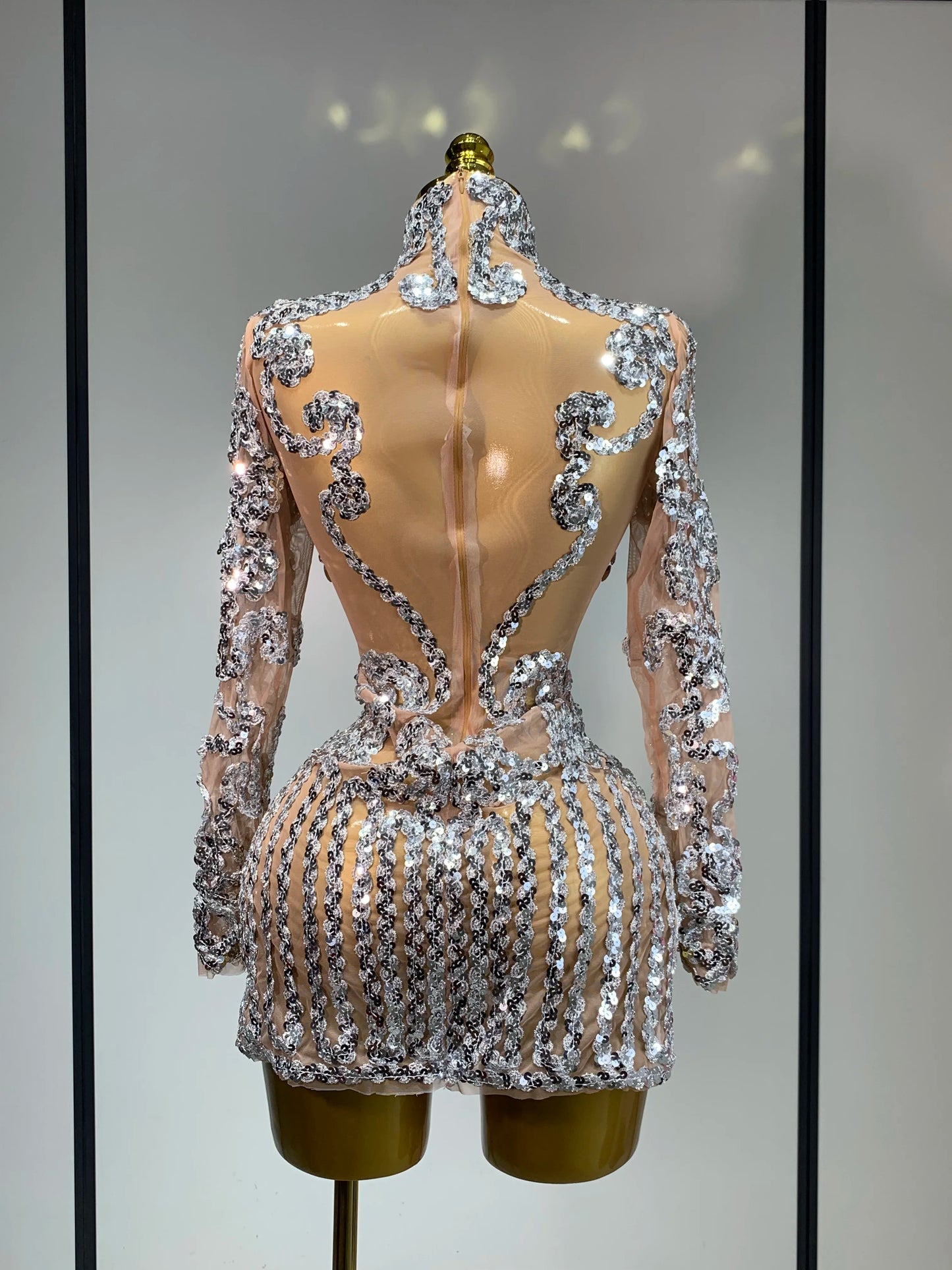 Sparkly Silver Gold Sequins Shor Sexy High Slit Nightclub Evening Party Birthday Dress
