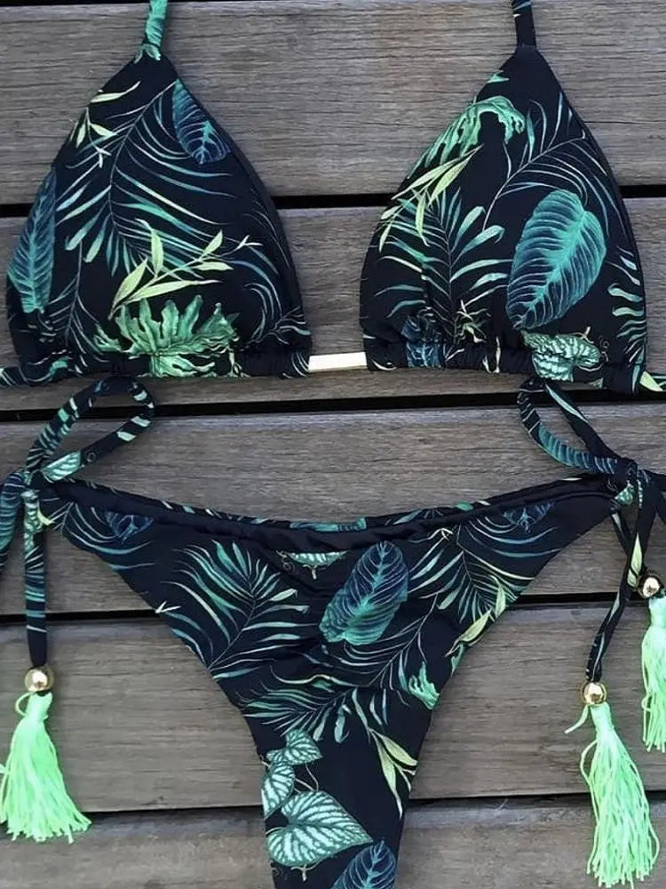 Sexy Micro Feather Print Bandage Swimwear Bathing Brazilian Bikini Suit