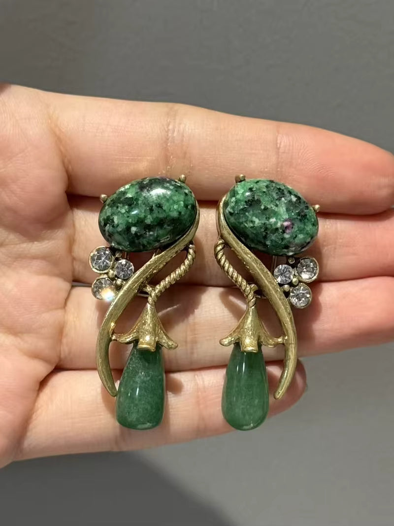 Antique Moss Green Natural Stone Flower Rhinestones Vintage Long Water Drop Earrings