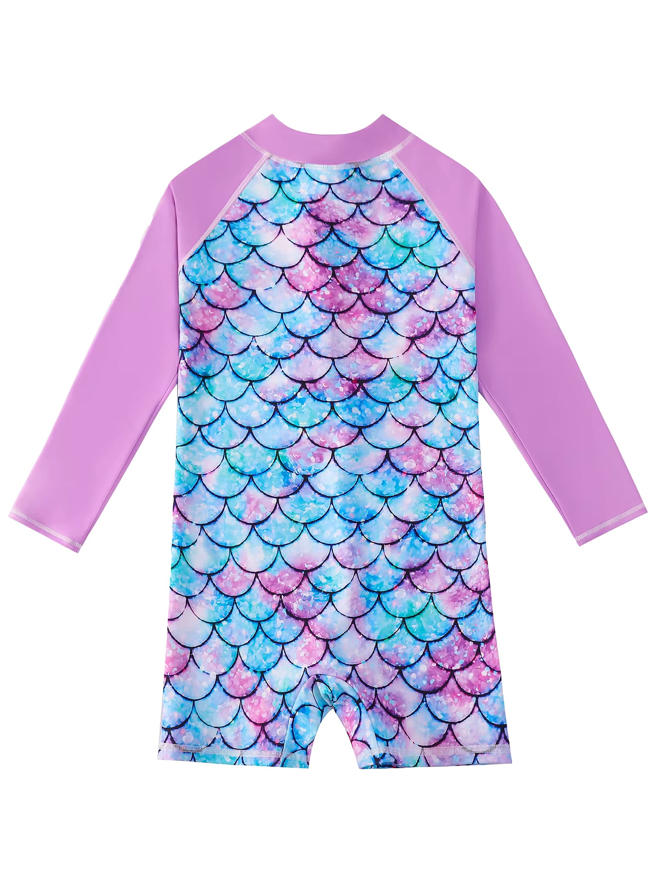 Girls Kids One-Piece Boyleg Shorts Long Raglan Sleeve Scale Print Zip Swimsuit