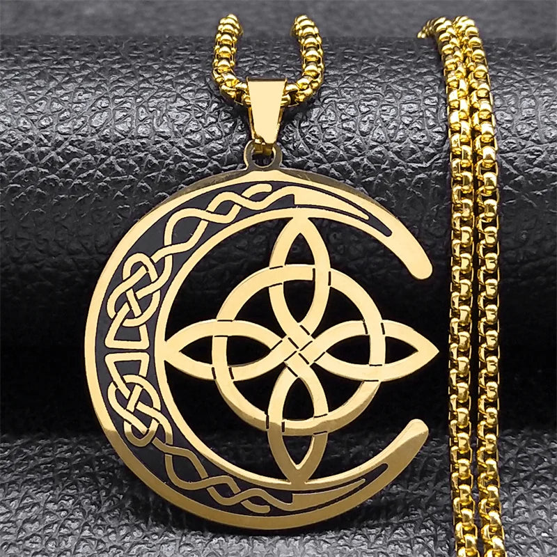 Crescent Celtic Irish Knot Stainless Steel Witch Moon Amulet Protection Chain Necklace