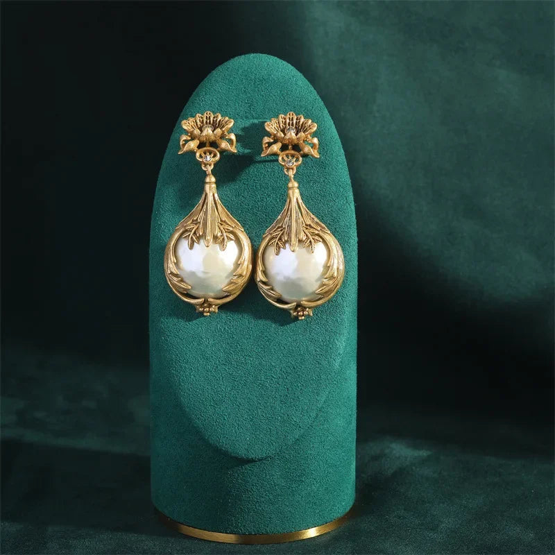 Women Vintage Baroque Pearl Dangle Yellow Flower Metal Carving Rose Water Drop Pendant Earrings