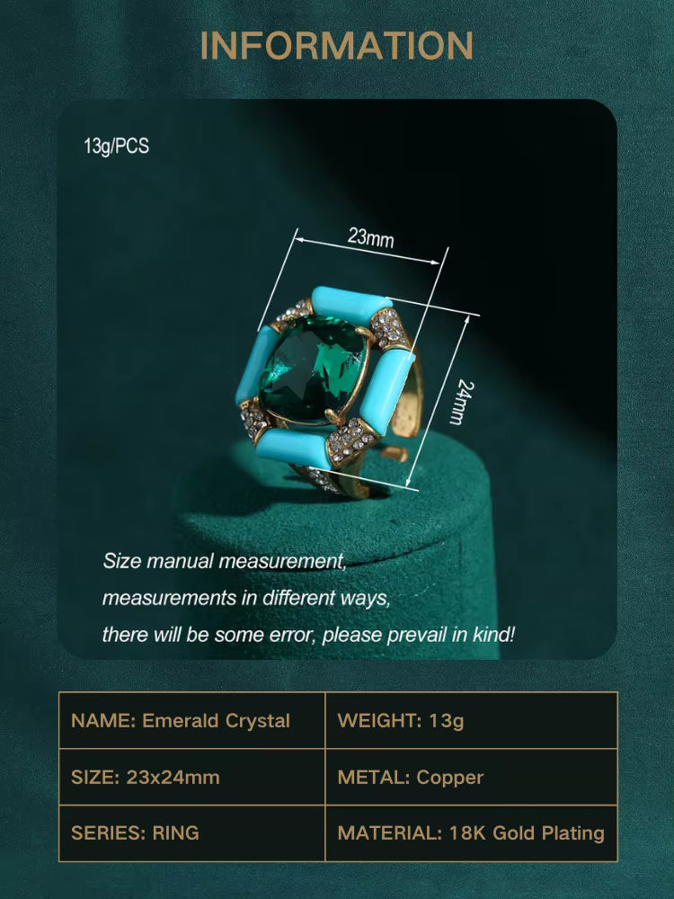 Antique Emerald Green Crystal 18K Gold-Plated Sea Blue Enamel Square Natural Stone Ring