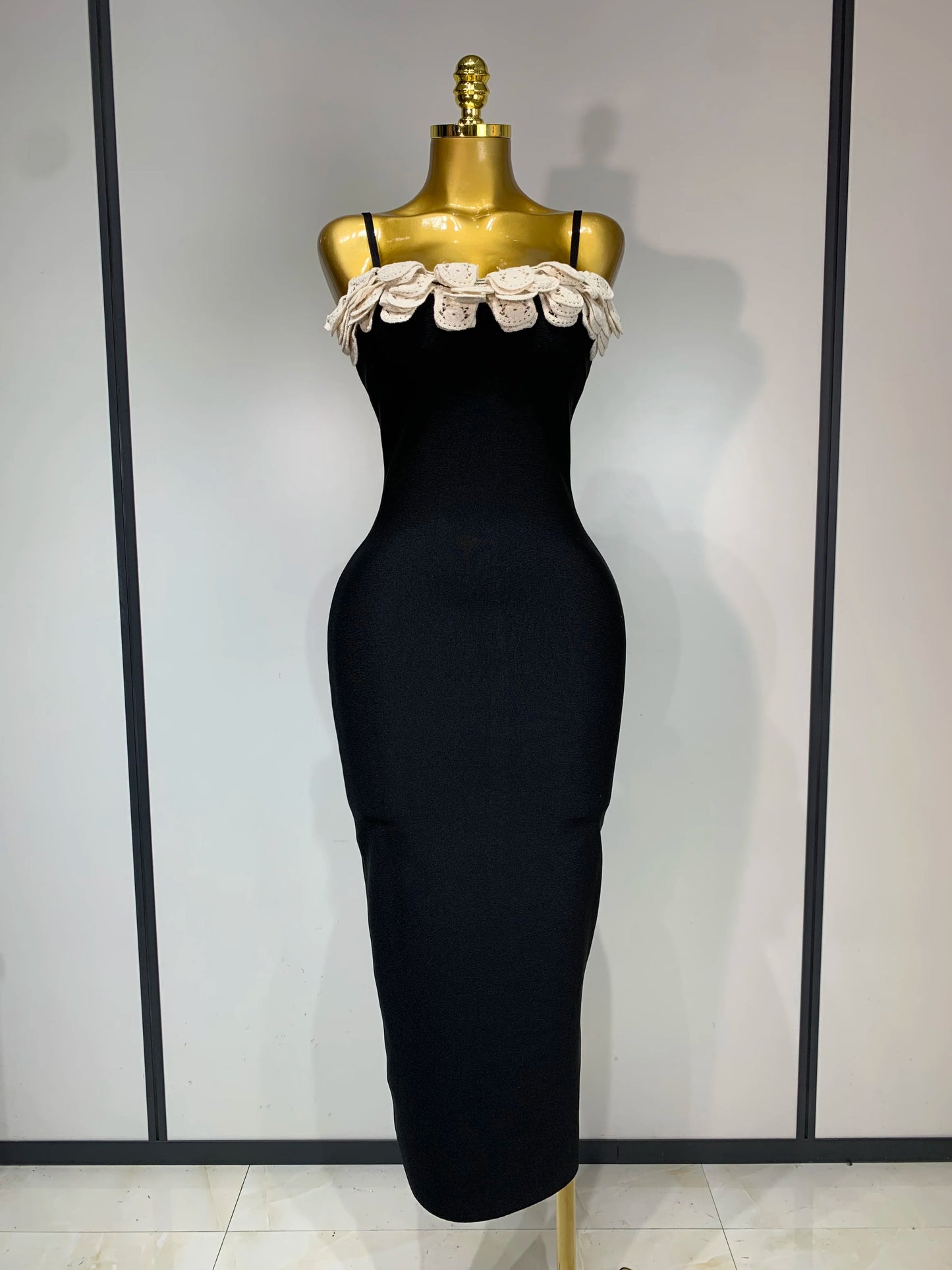 Sexy Spaghetti Strap Lace Midi Bandage Elegant Celebrity Evening Party Birthday Black Sleeveless Dress