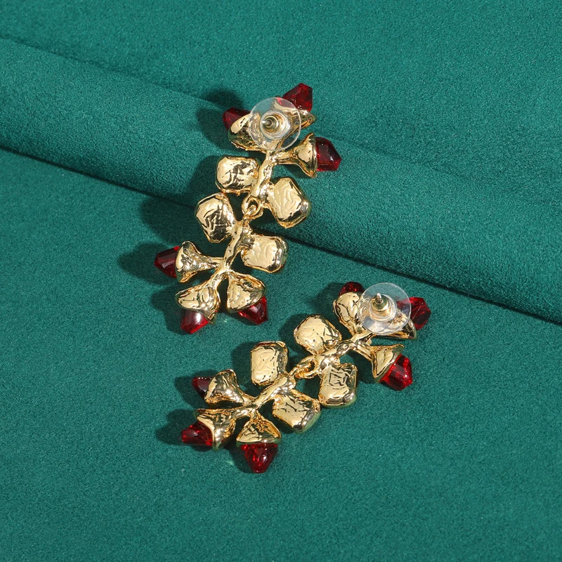 Vintage Large Red Crystal Square Leaf Bohemian Luxury Designer Women's Earrings