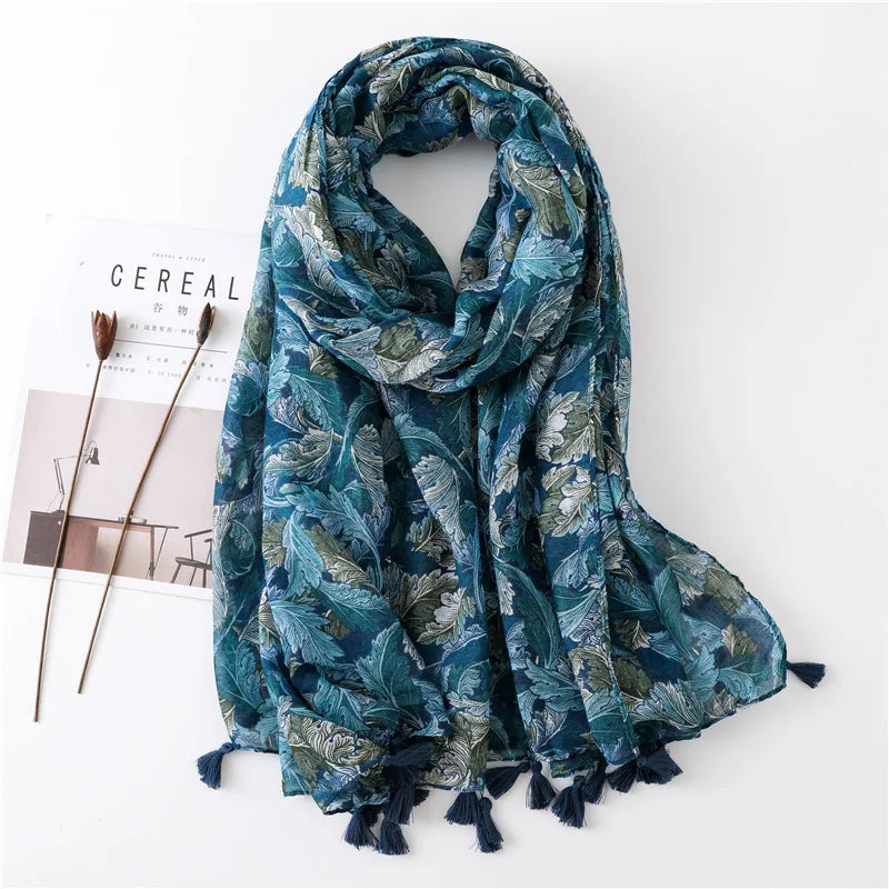 Women Fashion Large Cotton Flower Designs Tassel Prints Scarves Wrap Shawl Scarf
