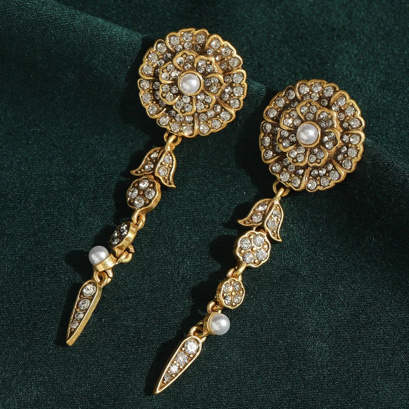 Vintage Luxury Camellia Rose Flower Designer White Rhinestones Layer Antique Indian Long Drop Dangle Earrings
