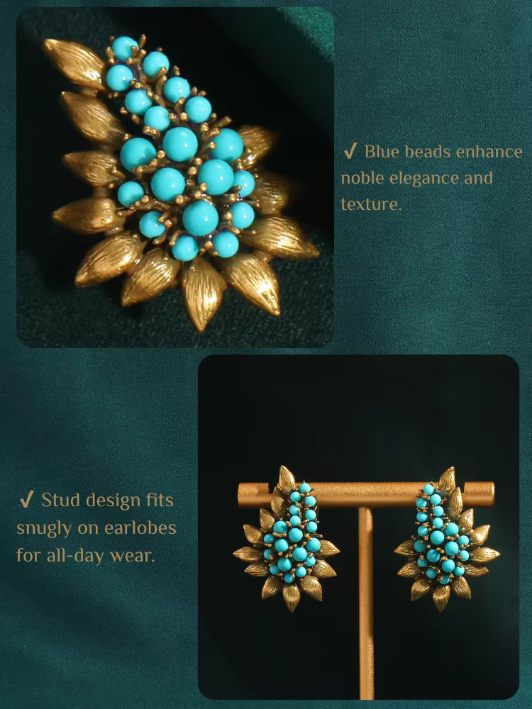 Women Vintage Beaded Sea Blue Natural Stones Tree Leaf Antique Bohemia Stud Earrings