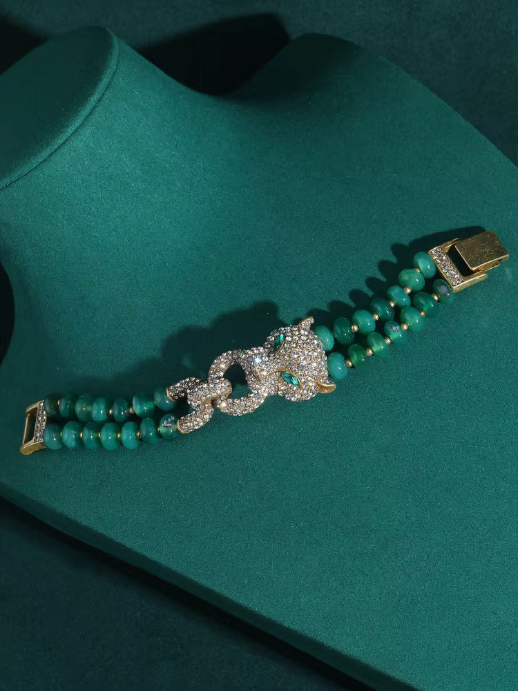 Vintage Green Beads Women Rhinestones Leopard Head Bangles Eye Bracelets