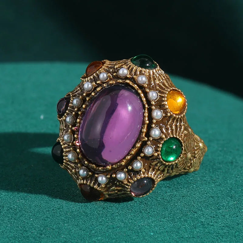 Women 18K Gold-Plated Vintage Baroque Oval Crystal Pearl Cluster Ring