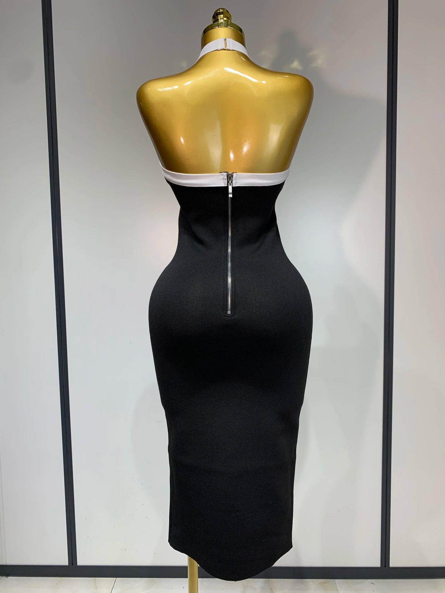 Women Fashion Celebrity Sexy Backless Rose Flower Midi Black Jacquard Bandage Party Dress