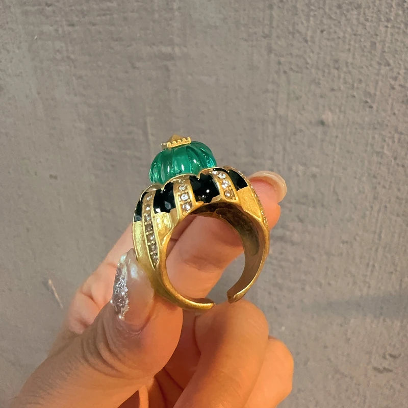 Women Vintage Pumpkin Blue Crystal Open Black Dripping Oil Halloween Ring